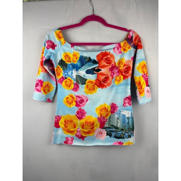 Patricia Field Floral & Cityscape Print Off-Shoulder Top S 92% Polyester 8% Elas - Picture 4 of 4